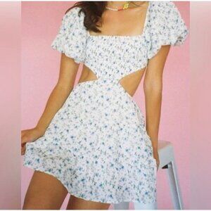 Shein Women's Floral Print Backless Mini Short Dress White Green Puff Sleeve S